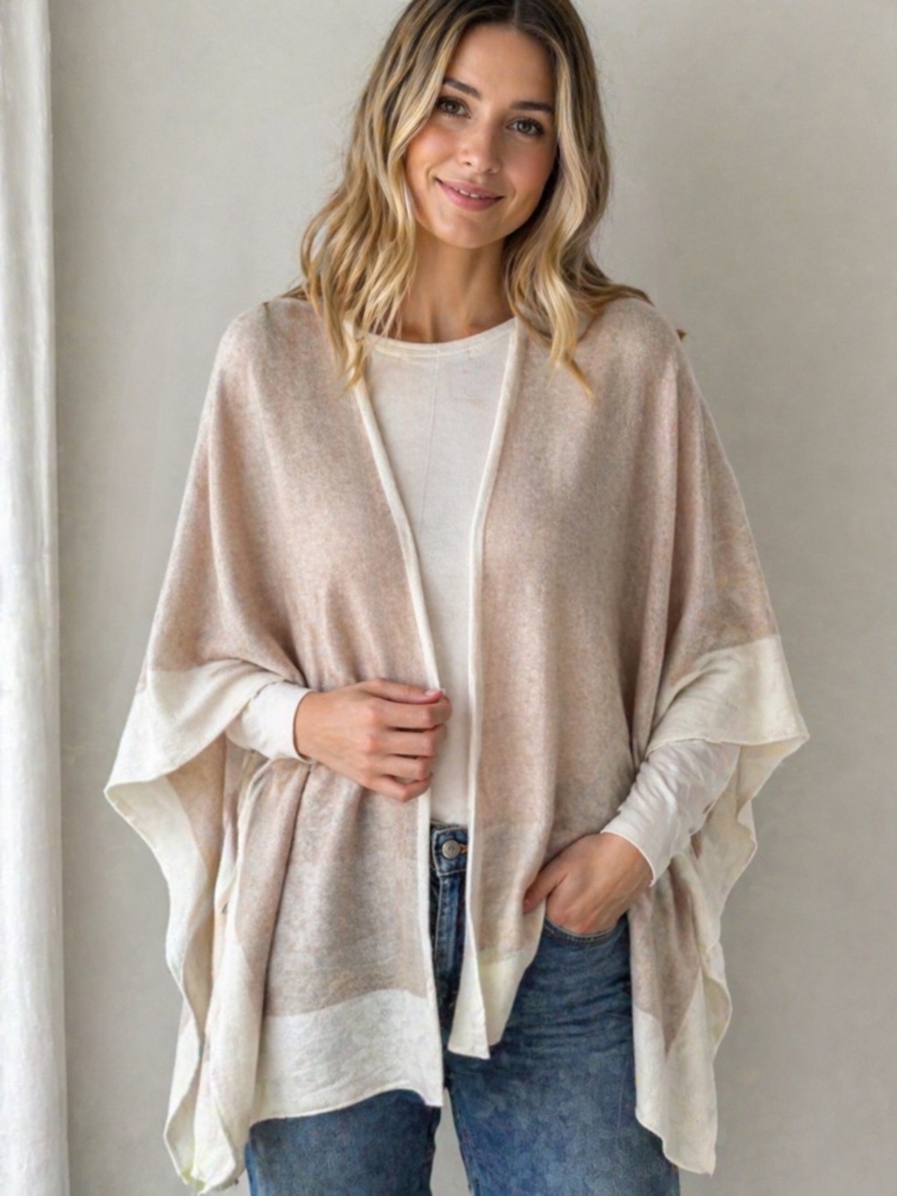 Proof Apparel Poncho Sweater NWT Size Large Beige Neutral Open Front Knit Wrap